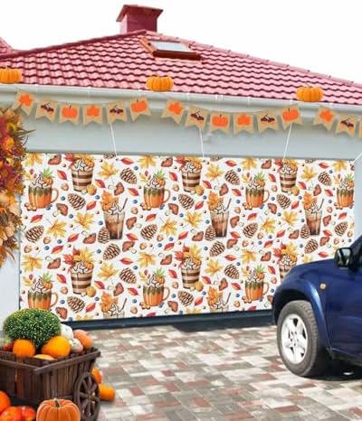 IDOWMAT Autumn Pumpkin Latte Banner 7x8ft Garage Door Cover