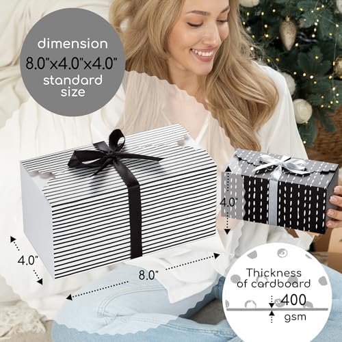 Small Black and White Gift Boxes with Lids and Ribbons 20 Pack 8x4