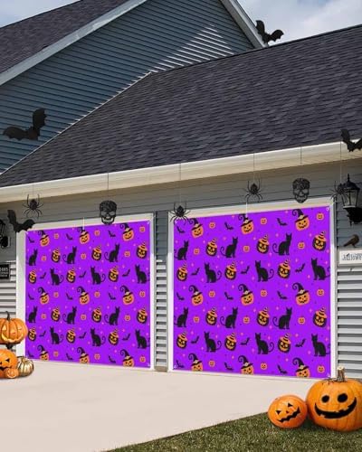 Halloween Cat Pumpkin Ghost Face Bat Garage Door Cover 7x8ft Purple