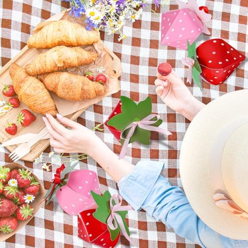 24Pcs Strawberry Shaped Treat Boxes with Ribbon Tape for Party Favors