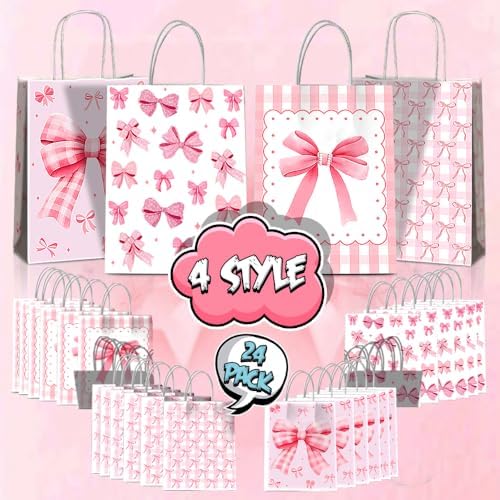 JOYGATHER 24 Pcs Pink Bow Party Favor Bags with Handles