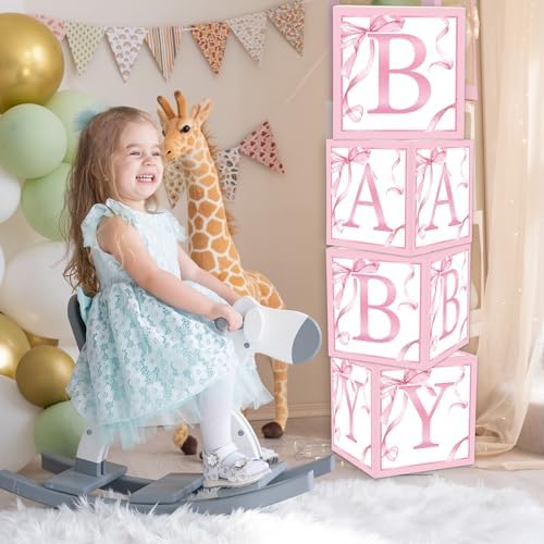 FYSUIMU 4Pcs Baby Shower Letter Box with Pink Bow Balloons