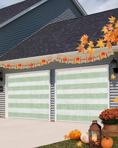 Farmhouse Sage Green Striped Linen Garage Door Cover 7x8ft