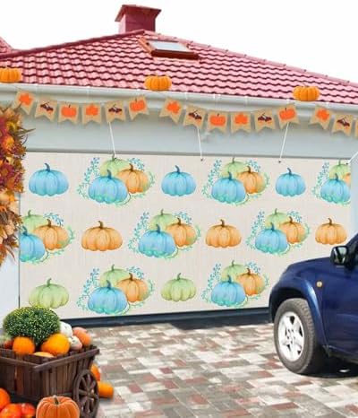 IDOWMAT Fall Thanksgiving Field Pumpkin Garage Door Cover 7x8ft Green