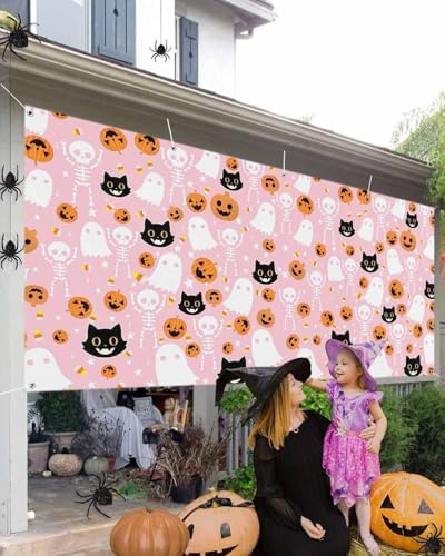 Halloween Ghost Black Cat Pumpkin Skull Garage Door Cover 7x8ft