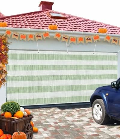 Farmhouse Sage Green Striped Linen Garage Door Cover 7x8ft