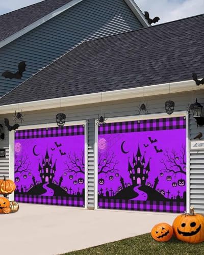 Halloween Castle Bat Garage Door Cover 7x8ft with Grommets