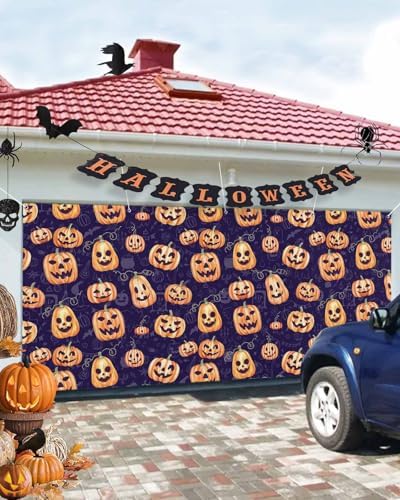 Funny Orange Pumpkin Garage Door Cover 7x8ft with Hanging Rings