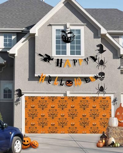 IDOWMAT Halloween Ghost Face and Spiders Web Garage Door Cover 7x16ft