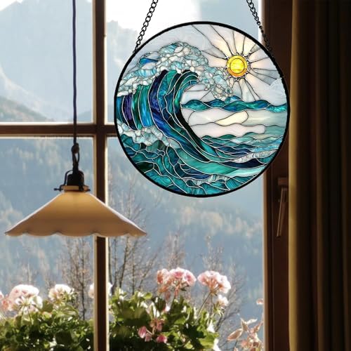 Stained Glass Window Hanging Blue Green Waves Suncatcher 78 Inches