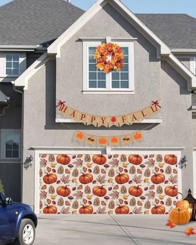 IDOWMAT Autumn Pumpkin Maple Leaf Garage Door Cover 7x8ft