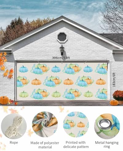 IDOWMAT Fall Thanksgiving Field Pumpkin Garage Door Cover 7x8ft Green