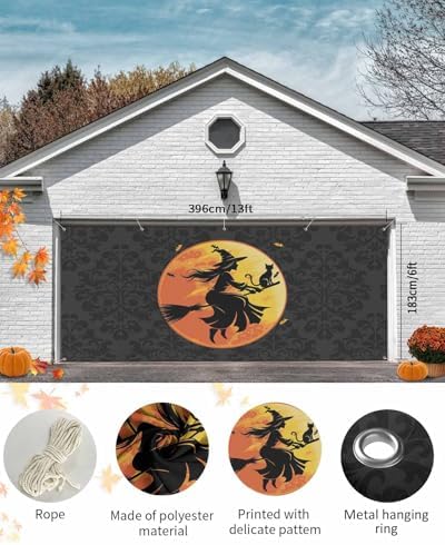 Halloween Black Witch Cat Garage Door Cover 7x8ft