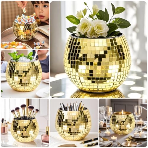 Gold Mosaic Glass Mirror Ball Planter