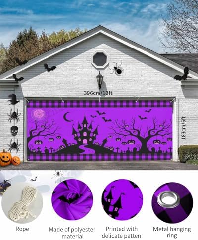 Halloween Castle Bat Garage Door Cover 7x8ft with Grommets