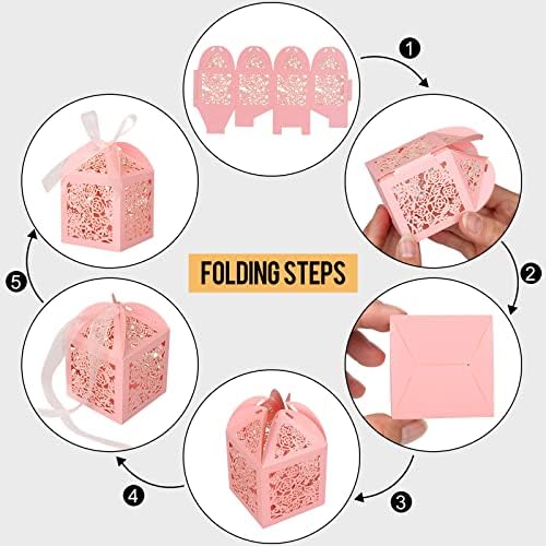 100pcs Pink Laser Cut Favor Boxes with Ribbons