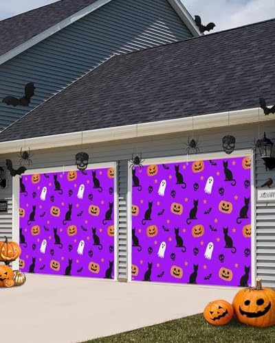 Halloween Ghost Pumpkin Garage Door Cover 7x8ft Purple