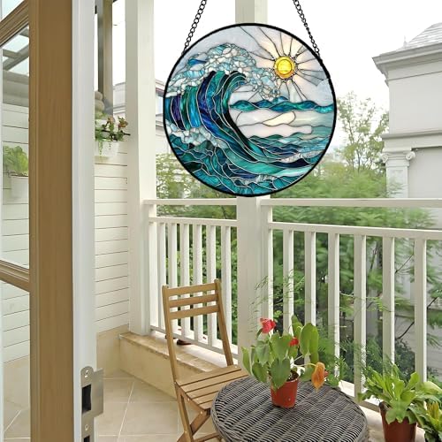 Stained Glass Window Hanging Blue Green Waves Suncatcher 78 Inches