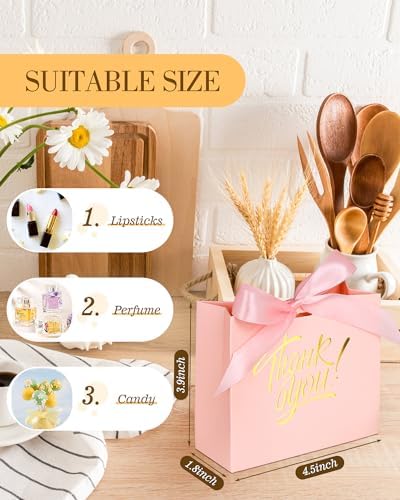 EQOREIIN Small Kraft Gift Bags - 70 Pack with Bow Ribbon Pink 45x18x39 Inches