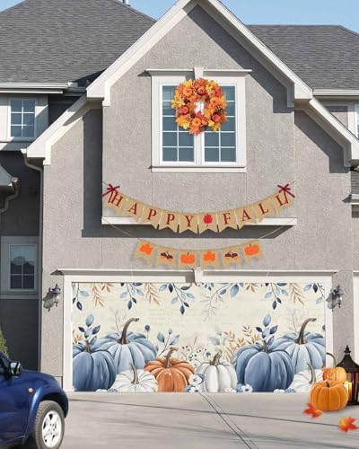 IDOWMAT Blue Pumpkin Autumn Leaves Butterfly Garage Door Cover 7x8ft