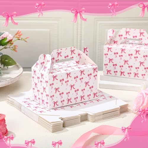 24 Pack Pink Bow Gift Boxes with Handles for Party