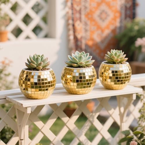 Gold Mosaic Glass Mirror Ball Planter