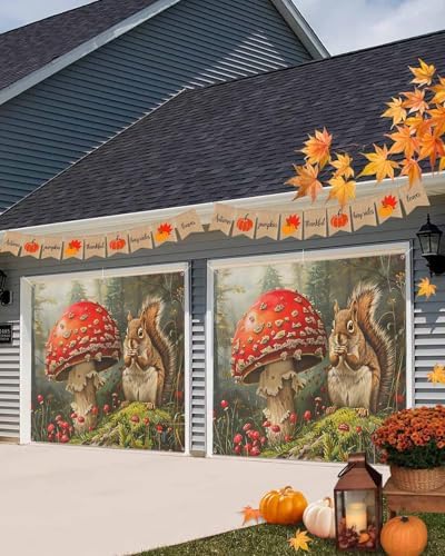 IDOWMAT Fall Squirrel Mushroom Garage Door Cover 7x8ft