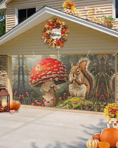 IDOWMAT Fall Squirrel Mushroom Garage Door Cover 7x8ft