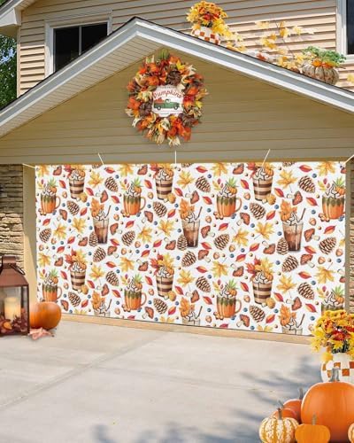 IDOWMAT Autumn Pumpkin Latte Banner 7x8ft Garage Door Cover