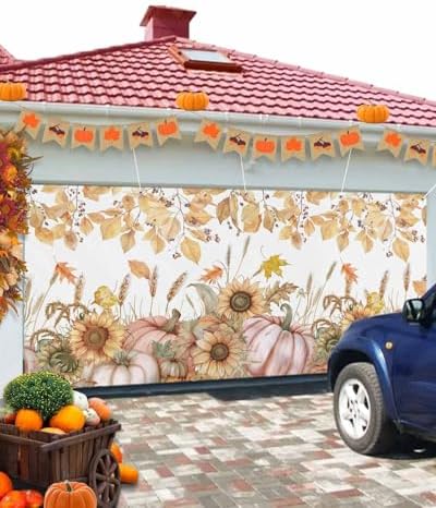 IDOWMAT Autumn Pumpkin Sunflower Garage Door Cover 7x8ft