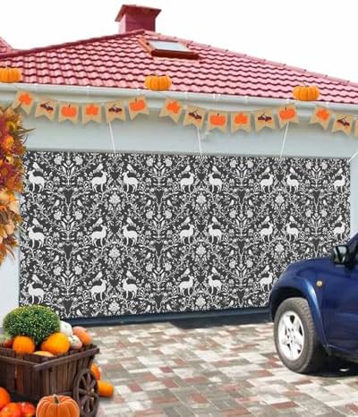 Grey Boho Reindeer Garage Door Cover 6x13ft with Grommets