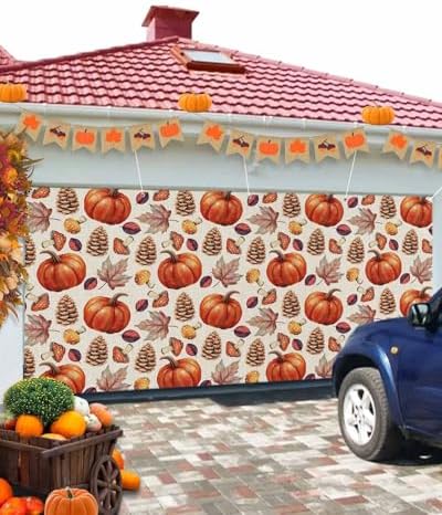 IDOWMAT Autumn Pumpkin Maple Leaf Garage Door Cover 7x8ft