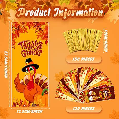 120 Pcs Thanksgiving Cellophane Bags with Gold Twist Ties