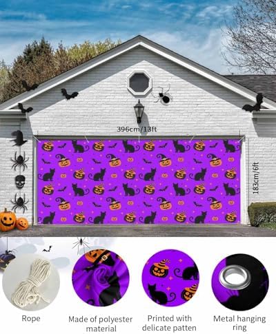 Halloween Cat Pumpkin Ghost Face Bat Garage Door Cover 7x8ft Purple