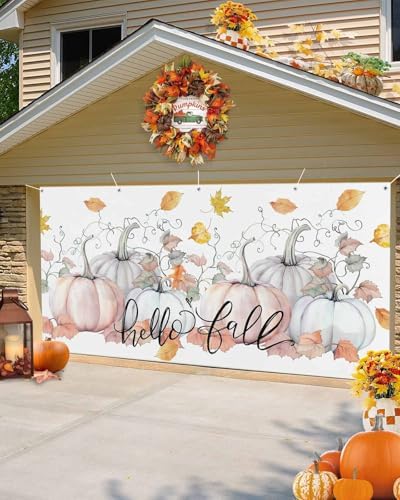 IDOWMAT Fall Thanksgiving Pumpkin Vine Leaf Garage Door Cover 7x8ft