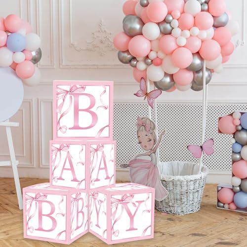 FYSUIMU 4Pcs Baby Shower Letter Box with Pink Bow Balloons