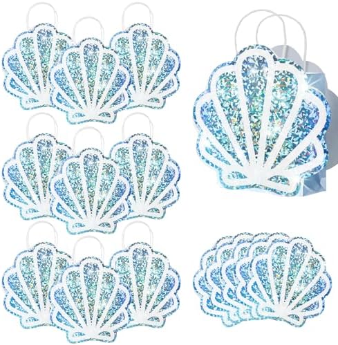 Sariiraw 16 Pack Holographic Seashell Gift Bags with Handles