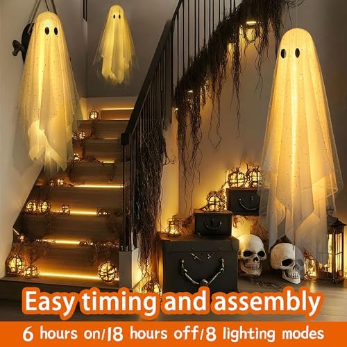 AYGXU Halloween Decorations 3pcs Hanging Ghost with Light