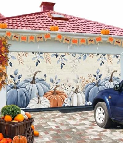 IDOWMAT Blue Pumpkin Autumn Leaves Butterfly Garage Door Cover 7x8ft