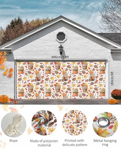 IDOWMAT Autumn Pumpkin Latte Banner 7x8ft Garage Door Cover