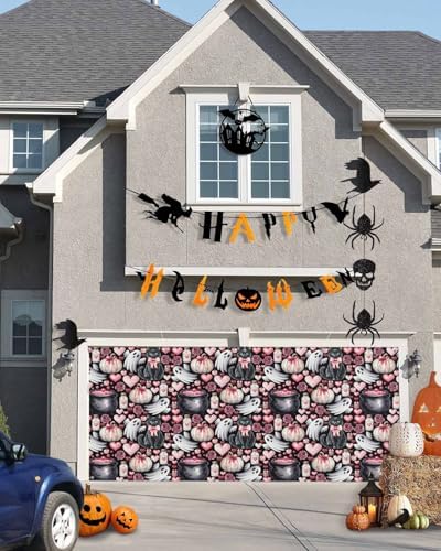 Halloween Cat Ghost Heart Garage Door Cover 7x8ft Black
