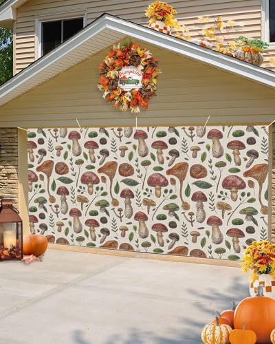Brown Mushroom Green Leaves Retro Garage Door Cover 7x8ft