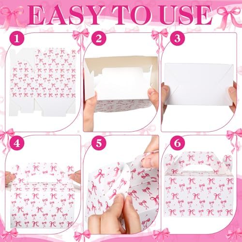 24 Pack Pink Bow Gift Boxes with Handles for Party