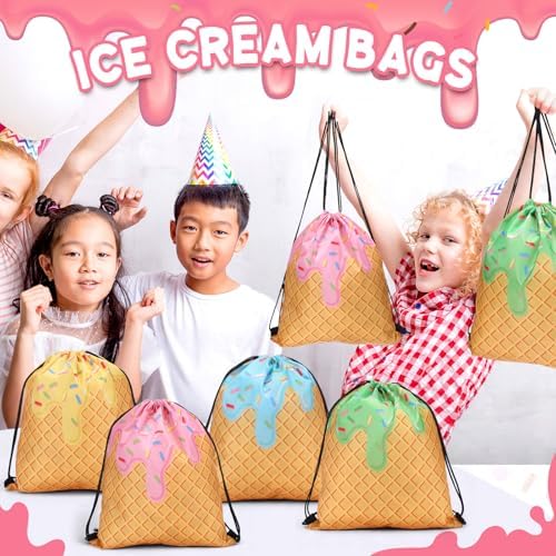 Sunnymove 16 Pcs Ice Cream Gift Bags Cute Drawstring Backpacks