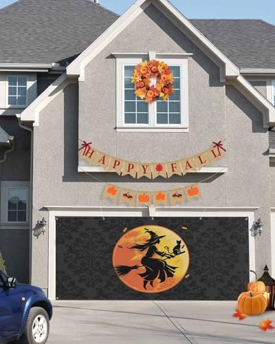 Halloween Black Witch Cat Garage Door Cover 7x8ft