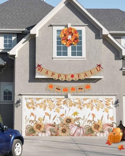 IDOWMAT Autumn Pumpkin Sunflower Garage Door Cover 7x8ft