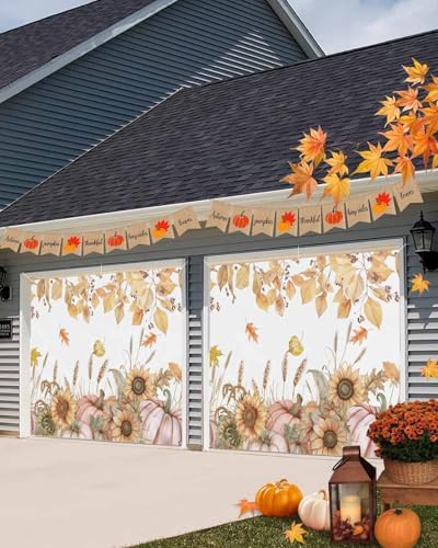 IDOWMAT Autumn Pumpkin Sunflower Garage Door Cover 7x8ft