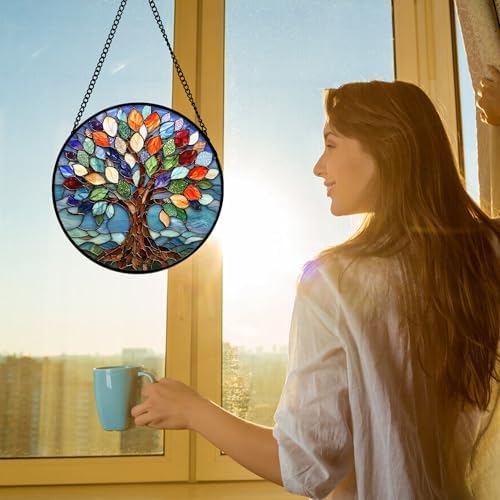 Stained Glass Window Hanging Blue Tree of Life Suncatcher