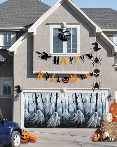 Halloween Ghost Decor Garage Door Cover 7x8ft Black