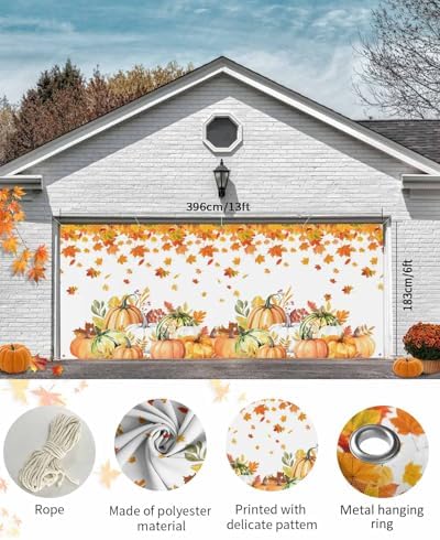 Thanksgiving Pumpkin Maple Leaves Garage Door Cover 7x8ft